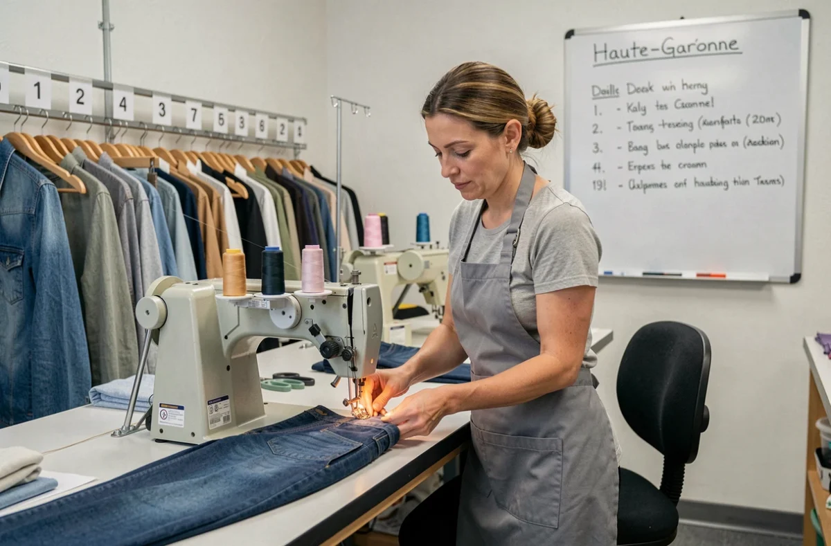 Couturière travaillant rapidement sur un ourlet de pantalon dans l'atelier Rapid Couture en Haute-Garonne