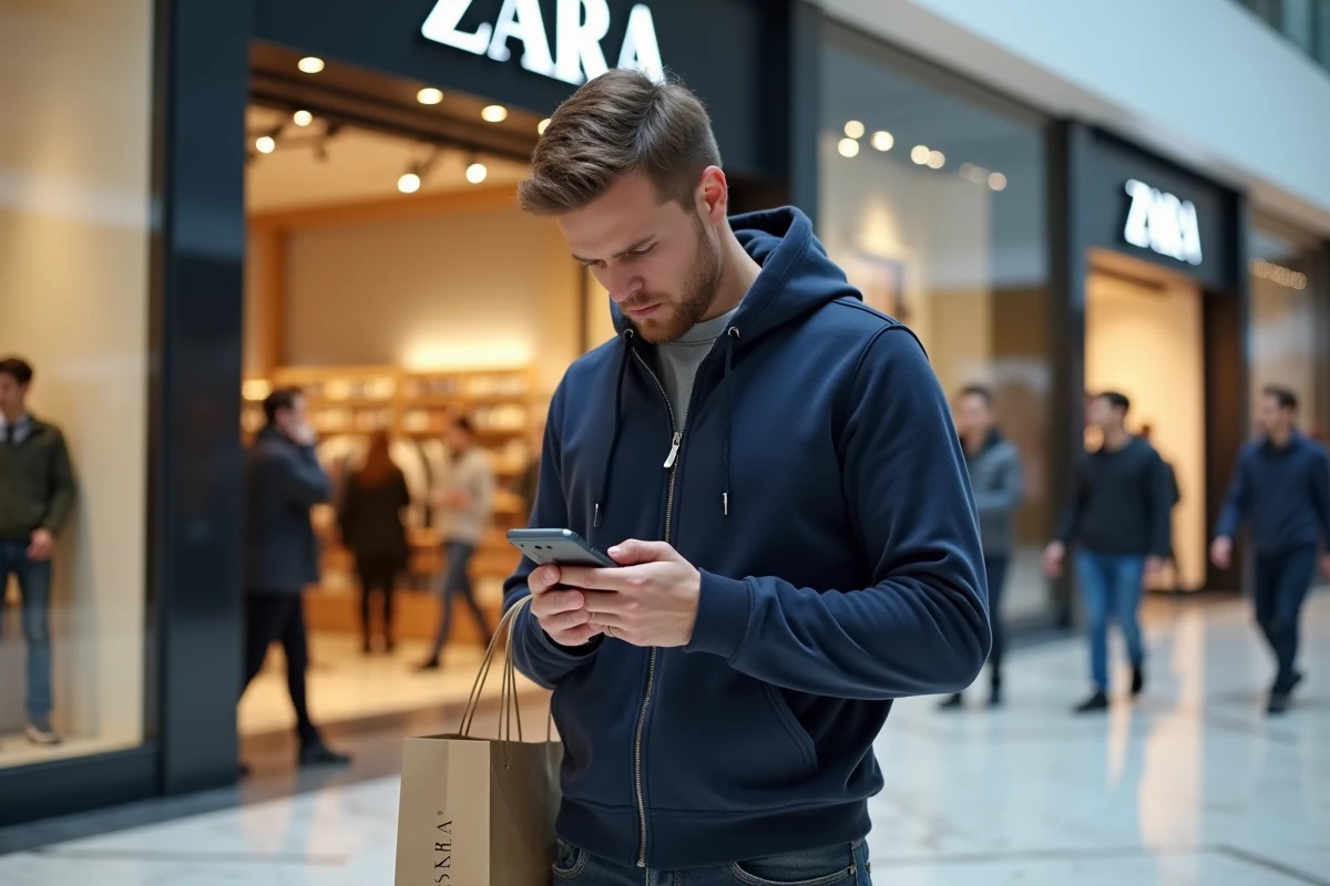 Homme vérifiant sa réclamation ZARA sur smartphone devant l'entrée d'une boutique en centre commercial