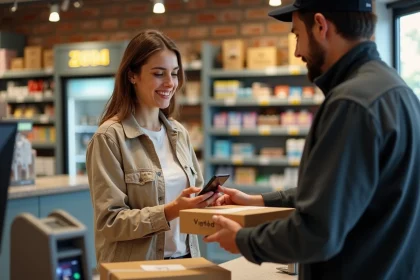 Femme récupérant un colis Vinted en point relais au comptoir d'un tabac, smartphone à la main pour scanner le QR code de suivi