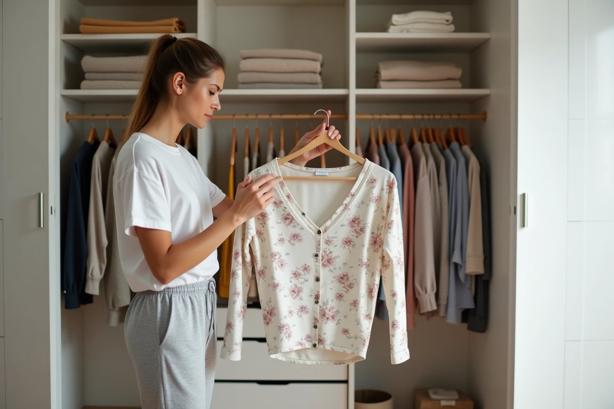 Femme qui renouvelle sa garde-robe en examinant un chemisier floral devant un dressing organisé