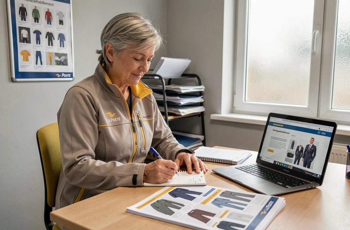 Responsable d'équipe La Poste consultant le catalogue MonEspaceHabillement sur ordinateur avec des fiches de dotation sur son bureau