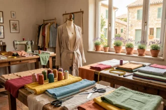 Atelier de retoucherie couture en Occitanie avec tissus colorés, formes de robe vintage et accessoires de couture