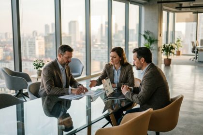 Réunion professionnelle dans un bureau moderne avec des collaborateurs autour d'une table en verre