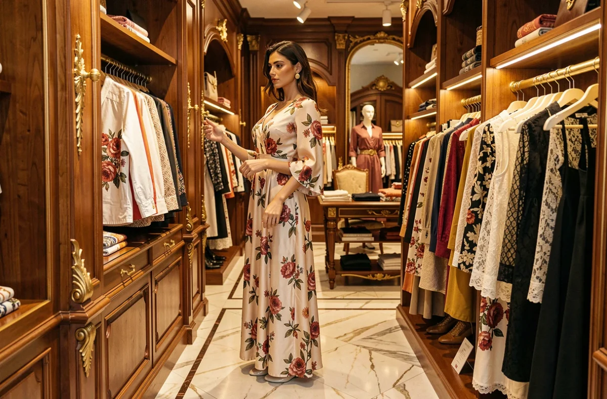 Intérieur de la boutique Rinascimento à Dijon avec robe italienne élégante sur mannequin