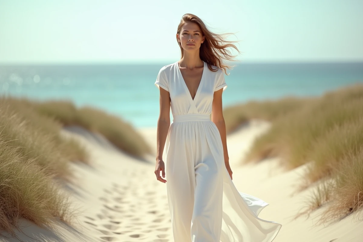 Femme en robe blanche longue chic marchant sur un chemin de plage, tenue basique mode polyvalente et élégante