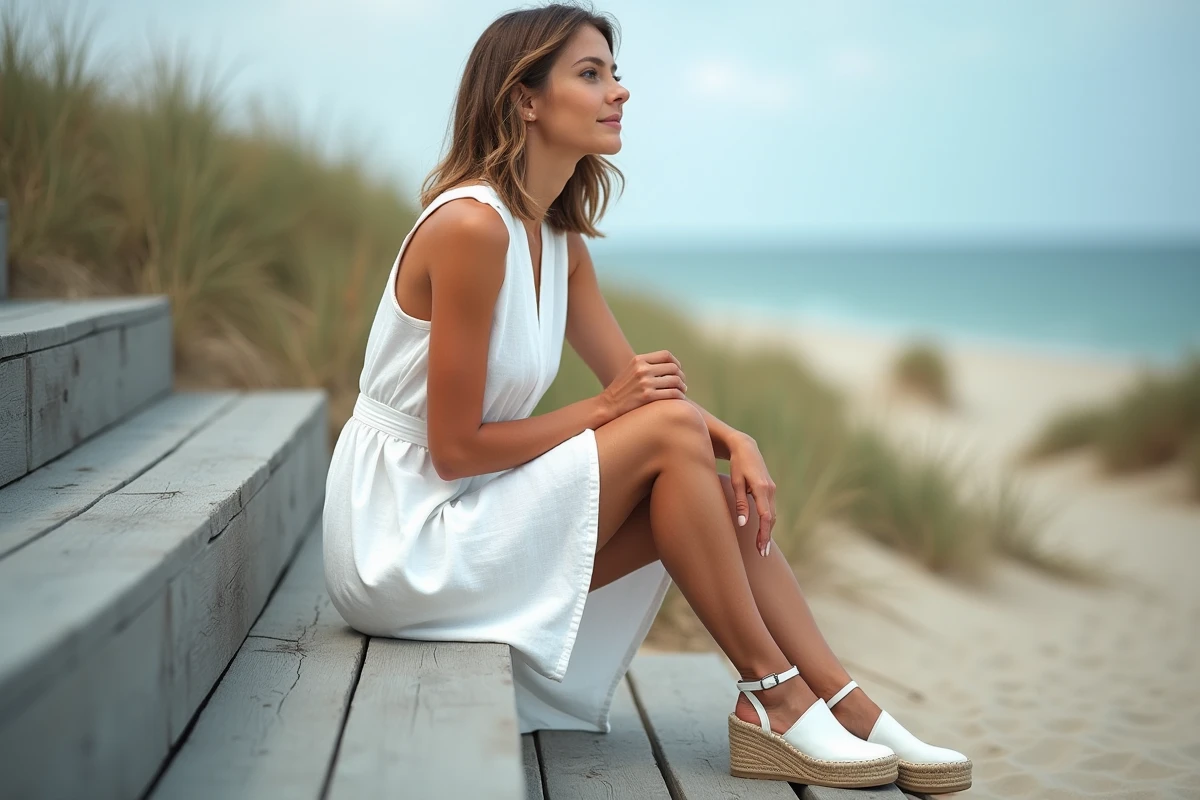 Femme assise en robe blanche structurée avec des espadrilles blanches compensées sur une promenade en bois au bord de mer