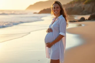Femme enceinte portant une robe chemise rayée blanche et bleue sur la plage, mains posées sur le ventre, ambiance estivale détendue
