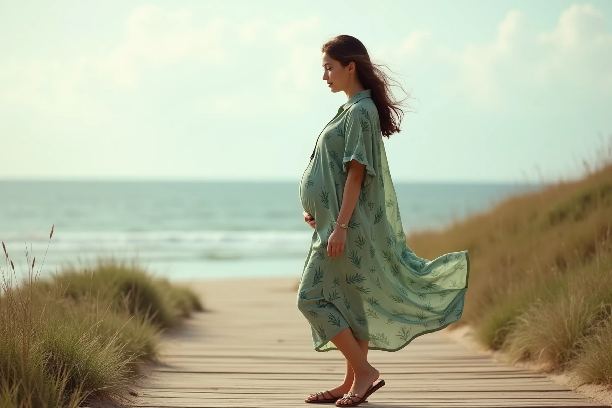 Femme enceinte en robe chemise verte à imprimé tropical se promenant sur un ponton en bois face à la mer