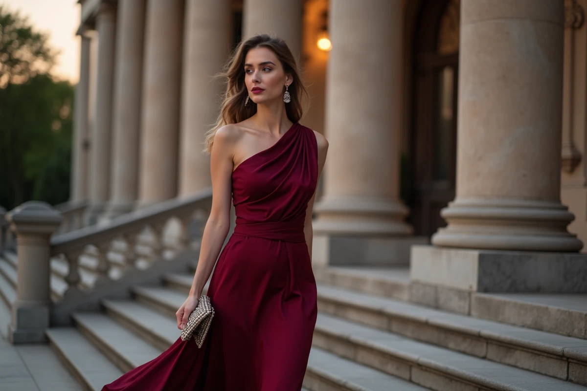Robe de cocktail bordeaux satiné sur fond d'architecture néoclassique pour une soirée élégante