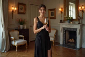 Femme portant une robe de cocktail noire pas chère avec dentelle dans un appartement parisien élégant
