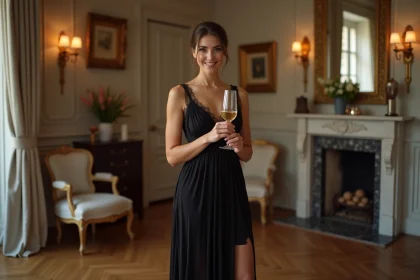 Femme portant une robe de cocktail noire pas chère avec dentelle dans un appartement parisien élégant