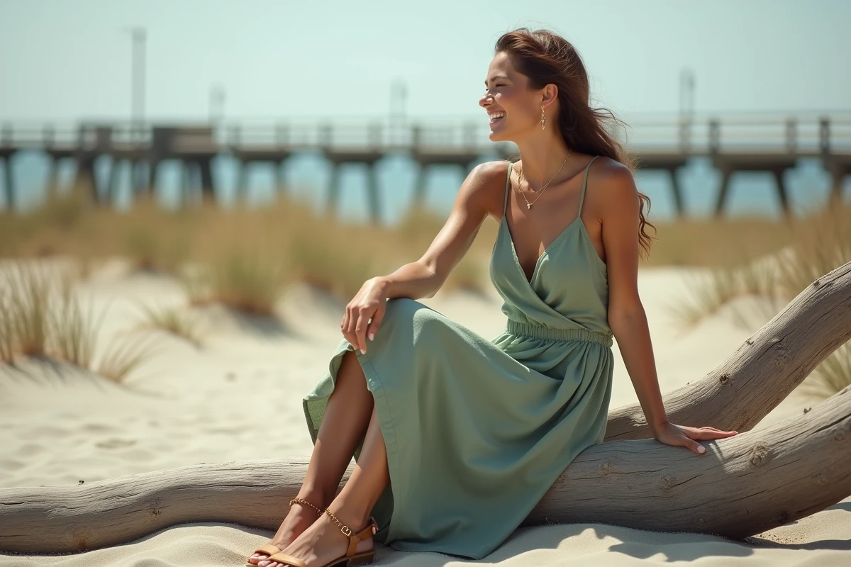 Invitée de mariage en robe lin vert sauge assise sur un tronc de bois flotté à la plage, style chic décontracté été 2026