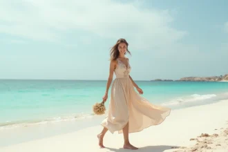 Femme en robe invitée mariage longue beige fleurie, pieds nus sur la plage, look chic bord de mer 2026