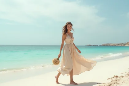 Femme en robe invitée mariage longue beige fleurie, pieds nus sur la plage, look chic bord de mer 2026