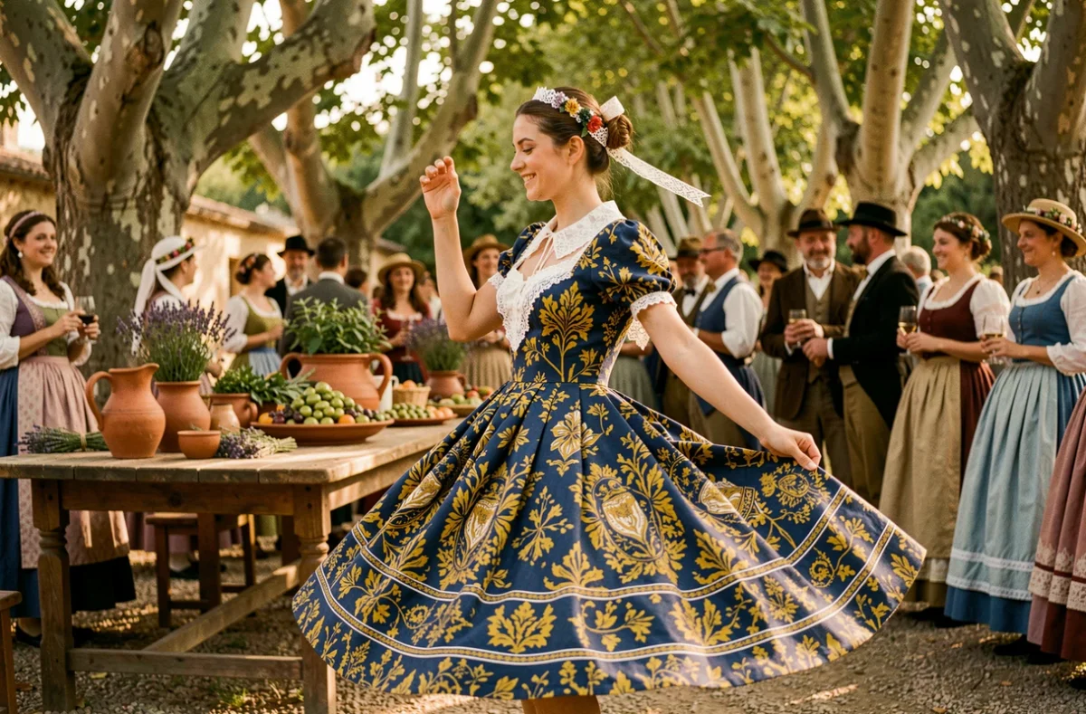 Jeune femme en robe traditionnelle provençale à motifs Souleiado dansant lors d'un festival de village sous les platanes