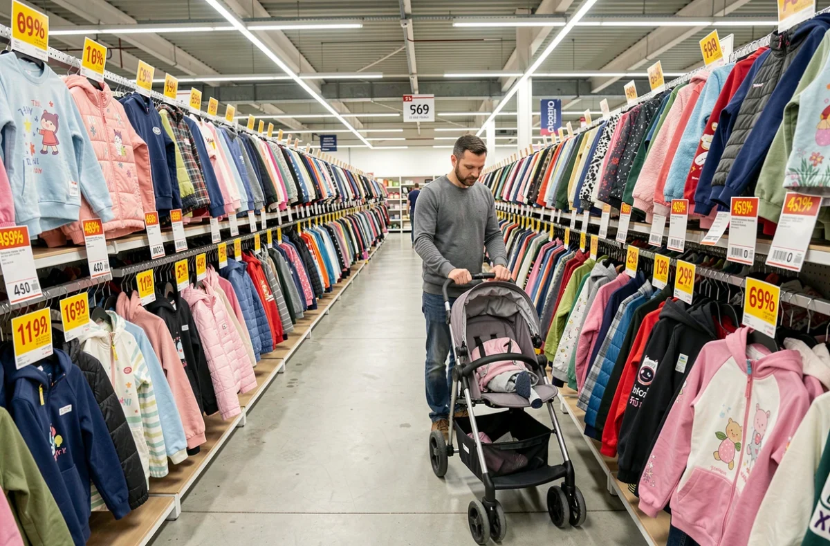 Les rayons bien garnis de l'outlet Rookie Kids à Corbeil-Essonnes avec des vêtements enfants déstockés