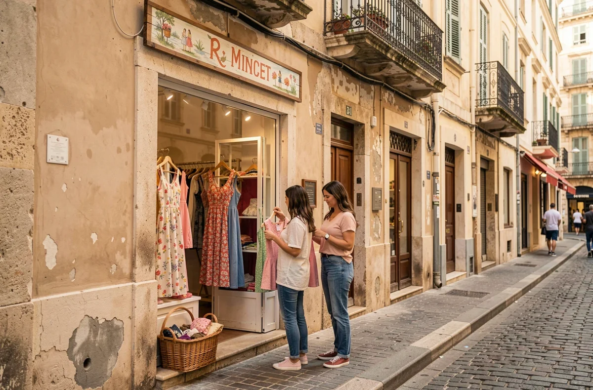 Deux femmes devant une boutique de vêtements indépendante dans une rue piétonne du centre historique de Marseille