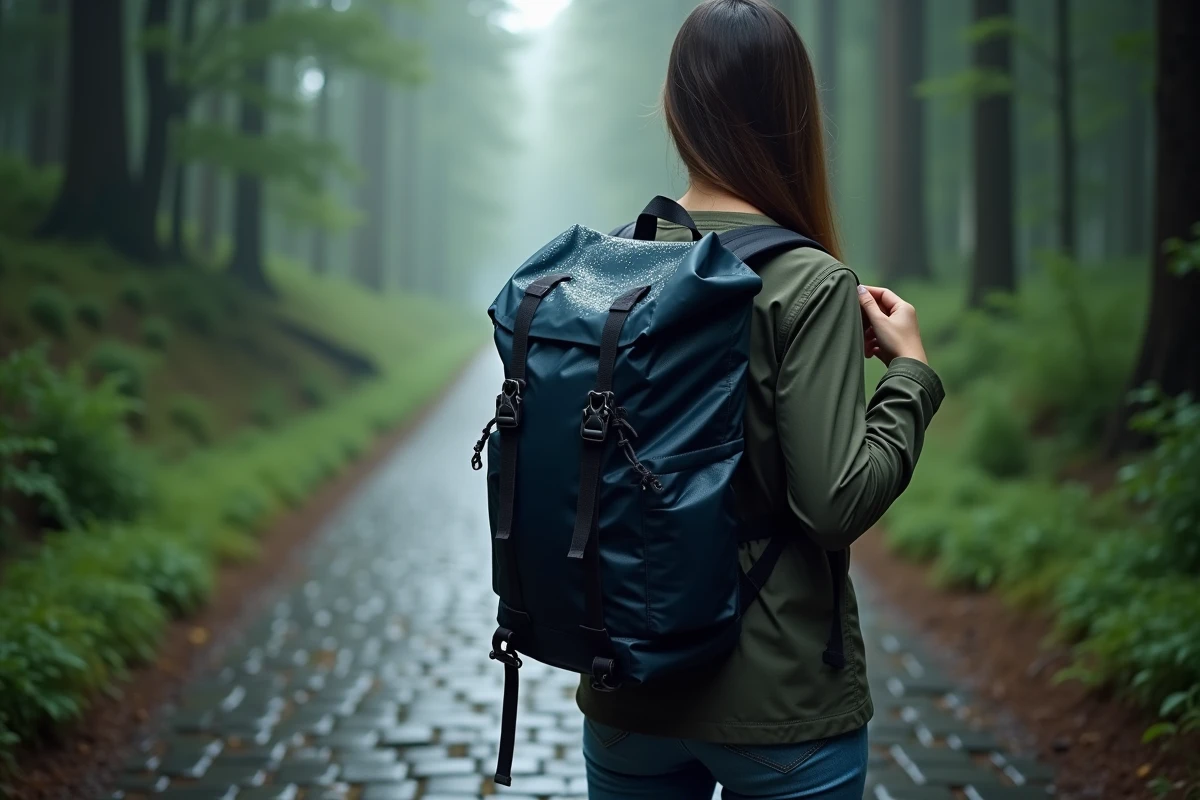 Femme portant un sac à dos imperméable sous la pluie en forêt, gouttelettes visibles sur la surface du sac