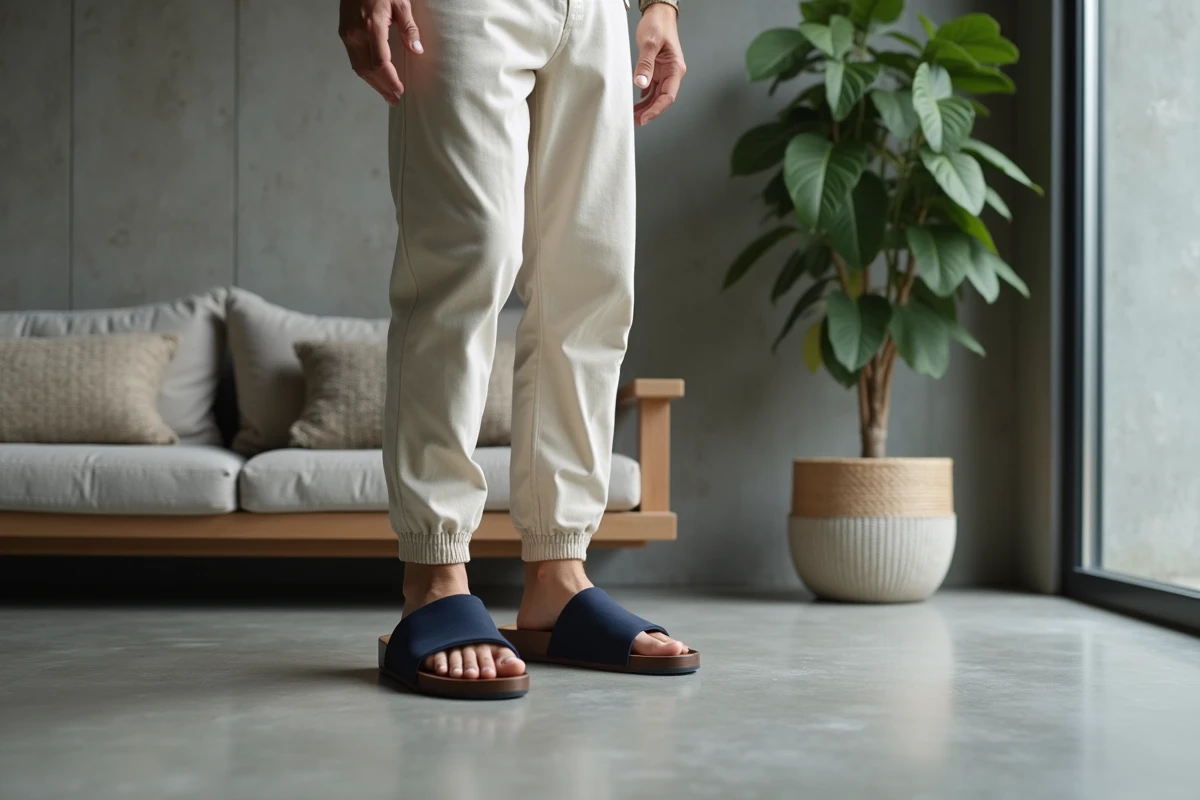 Homme portant des sandales geta en bois foncé marchant sur un sol en béton ciré dans un salon contemporain épuré