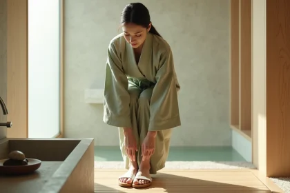 Femme en kimono lin enfilant des sandales geta en bois dans une salle de bain minimaliste d'inspiration japonaise