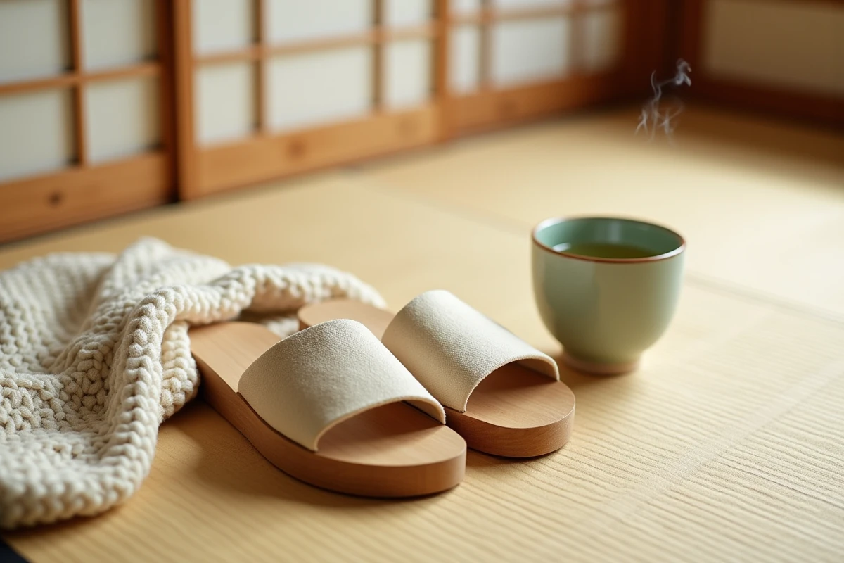 Paire de sandales geta en bois hinoki posées sur un tatami avec un plaid en coton et une tasse de thé vert, ambiance zen matinale