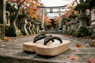 Paire de sandales geta traditionnelles japonaises en bois posées sur les marches d'un temple shinto entouré de feuilles d'automne