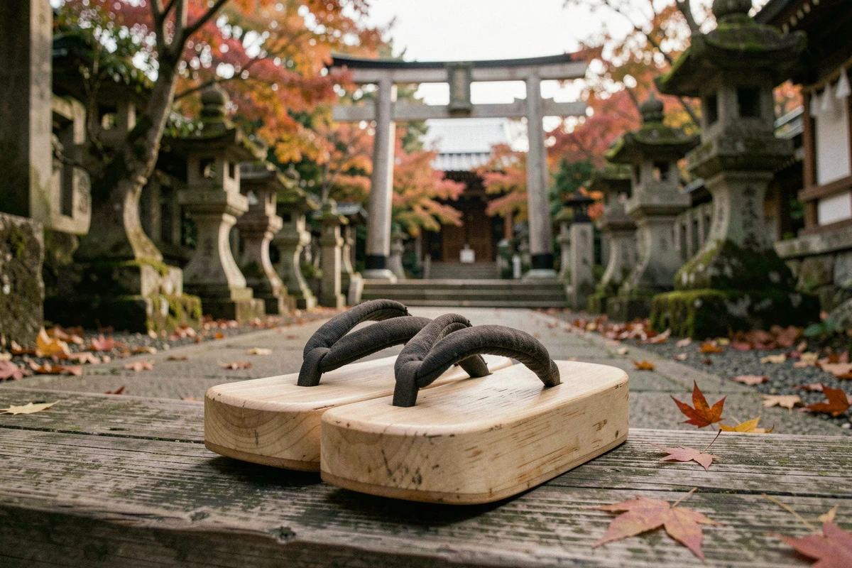 Paire de sandales geta traditionnelles japonaises en bois posées sur les marches d'un temple shinto entouré de feuilles d'automne