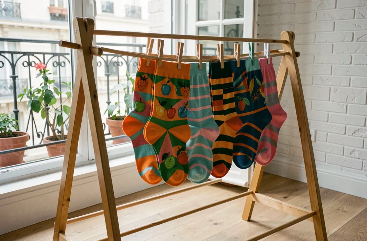 Chaussettes aux motifs rigolos et colorés suspendues sur un séchoir en bois dans un appartement pour un séchage à l'air libre préservant les couleurs