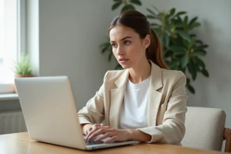 Femme consultant le service client ZARA sur son ordinateur portable depuis son bureau à domicile
