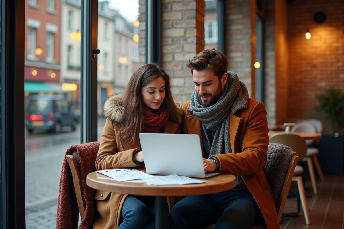 Couple comparant les dates des soldes d'hiver en Europe sur un ordinateur portable dans un café, avec un calendrier et une carte des pays européens