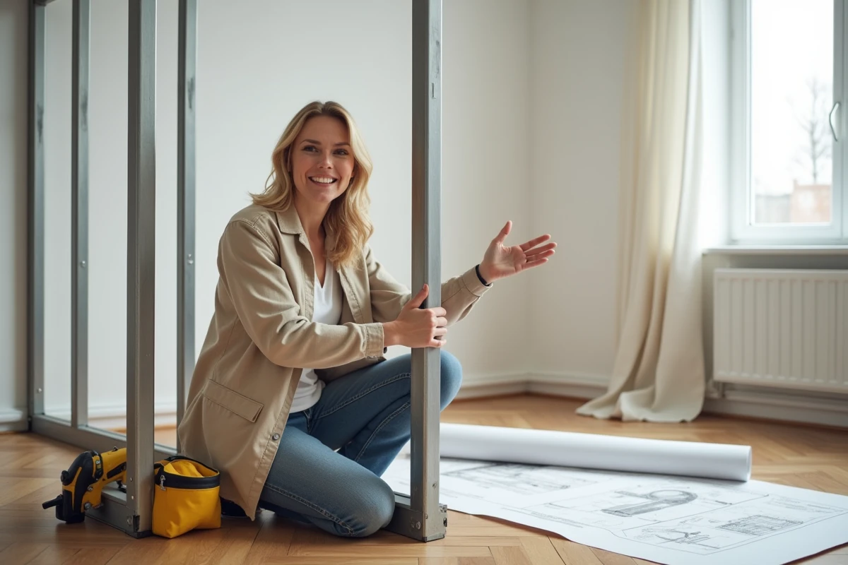 Spécialiste en rénovation intérieure montrant l'ossature de montants placo dans un appartement moderne