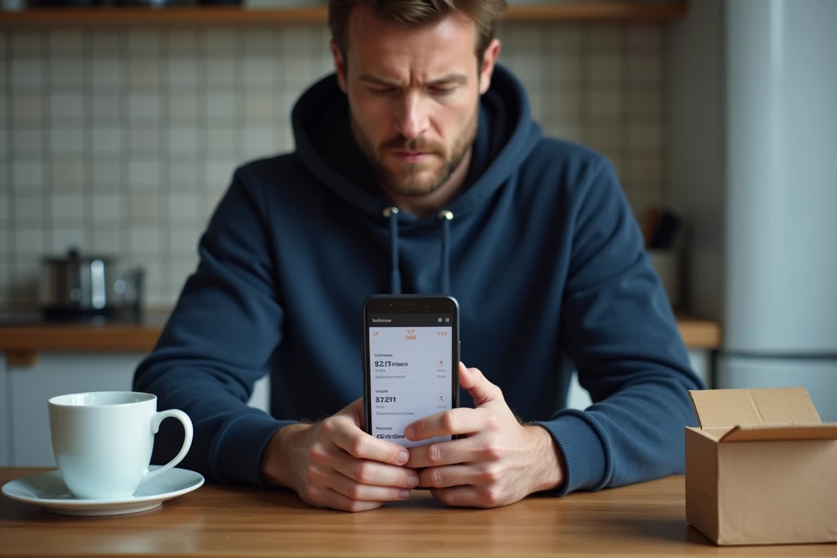 Homme consultant le statut de suivi de son colis Vinted sur smartphone depuis chez lui, étapes de livraison visibles à l'écran