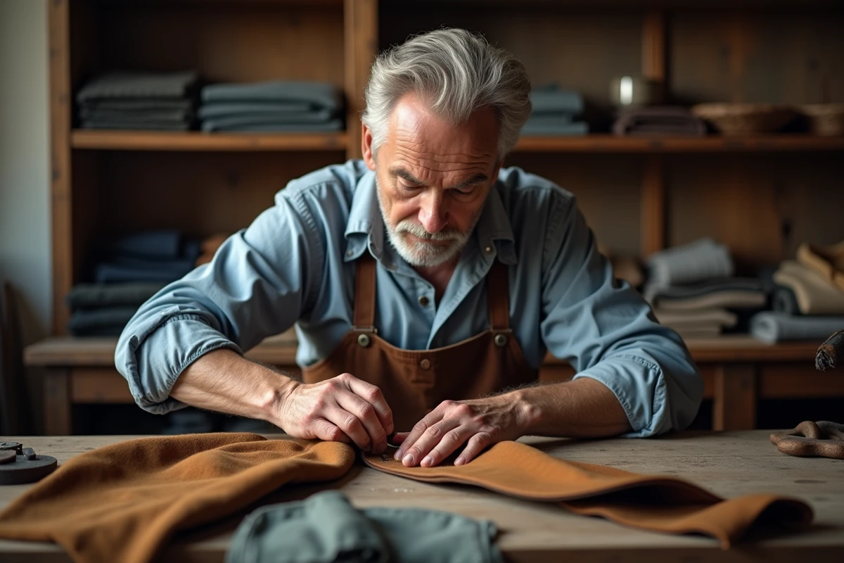 Tailleur réparant une veste vintage dans son atelier chaleureux