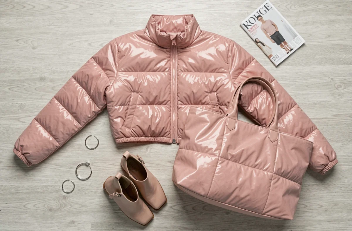 Flat-lay mode avec veste techno gonflante rose, sac assorti et accessoires tendance sur surface en bois clair