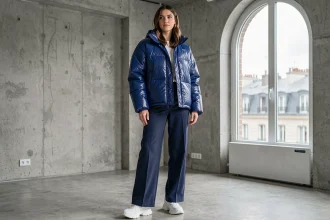 Femme portant un perfecto techno gonflant bleu cobalt avec pantalon wide-leg dans un appartement parisien minimaliste