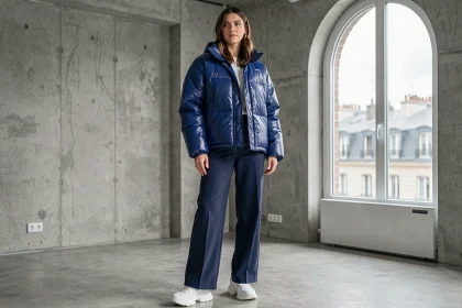 Femme portant un perfecto techno gonflant bleu cobalt avec pantalon wide-leg dans un appartement parisien minimaliste
