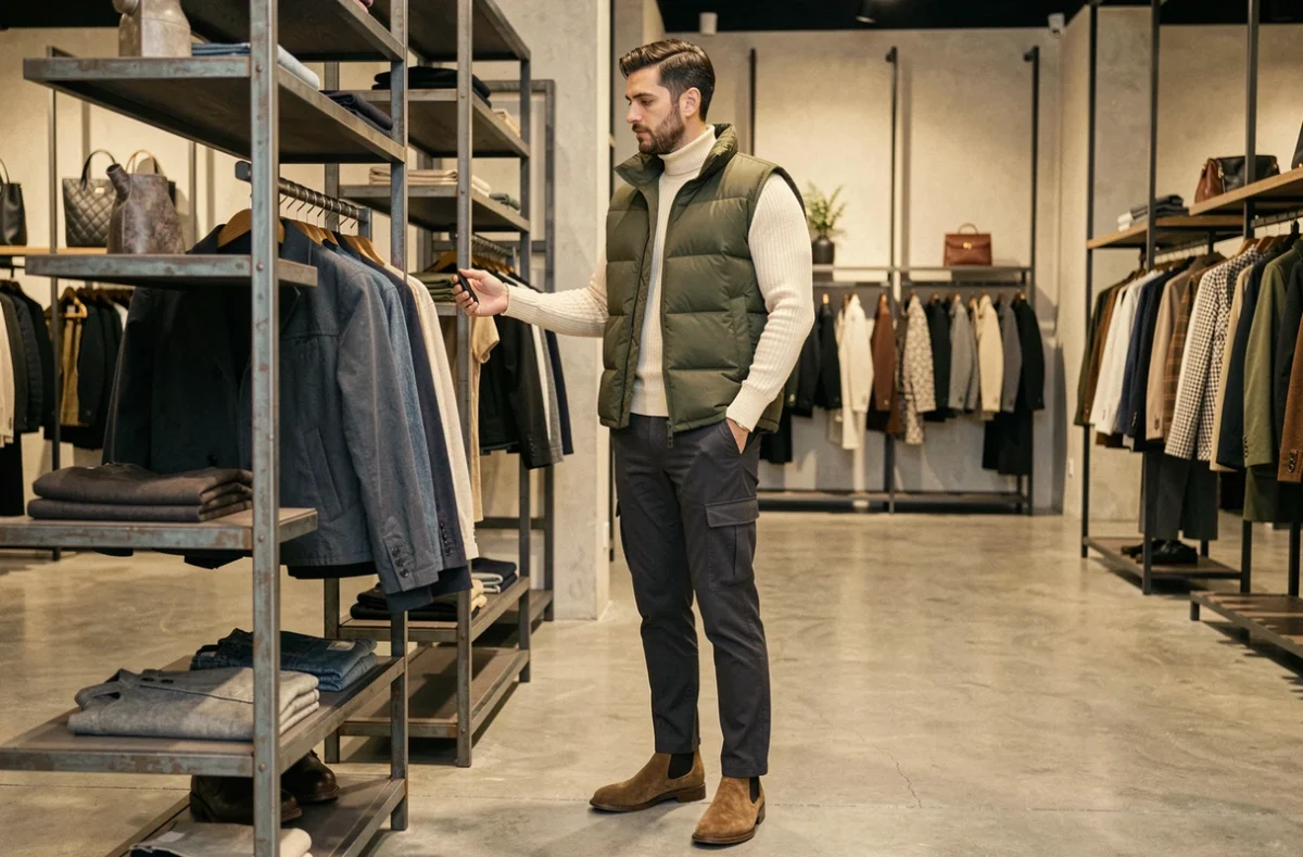 Homme en veste techno gonflante sans manches vert olive dans un concept store mode haut de gamme