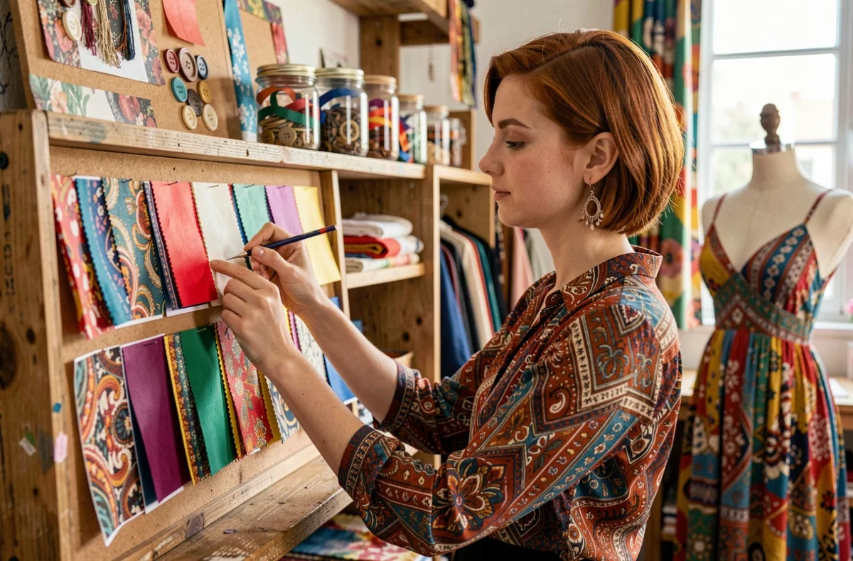 Créatrice épinglant des échantillons de tissu sur un tableau d'inspiration dans l'atelier Trésors de Couture à Montpellier