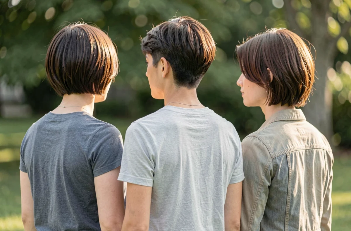 Trois femmes aux coupes courtes différentes côte à côte