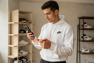 Jeune homme vérifiant le code UPC d'une boîte de sneakers Nike avec son smartphone dans un appartement moderne