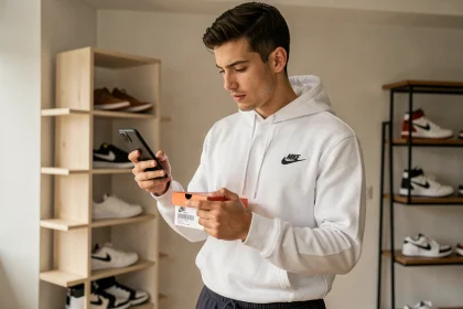 Jeune homme vérifiant le code UPC d'une boîte de sneakers Nike avec son smartphone dans un appartement moderne