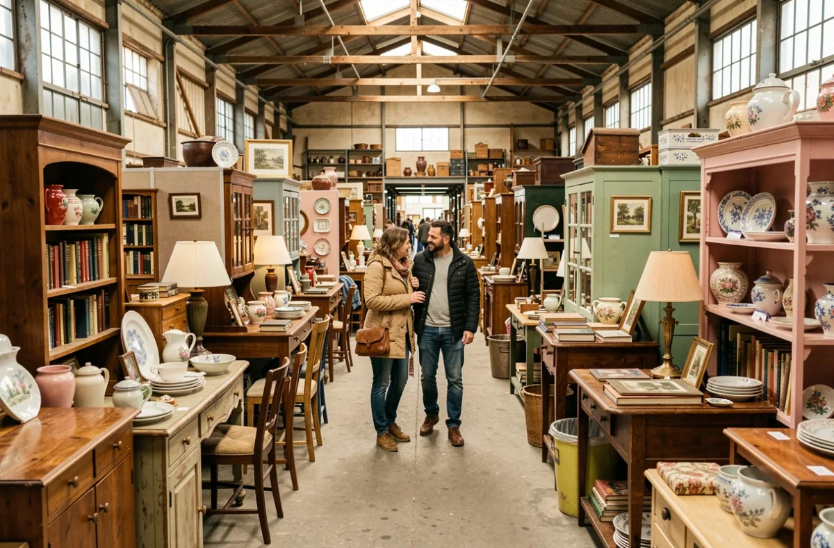Village des Brocanteurs à Pont-Audemer avec de nombreux exposants et stands de meubles et objets vintage