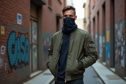 Jeune homme portant un bandana sur le visage dans une ruelle urbaine avec des graffitis en arrière-plan